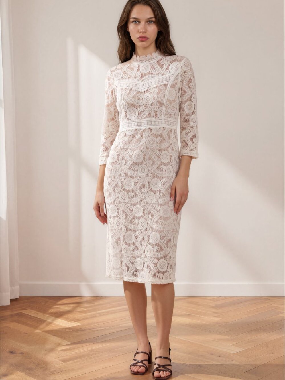 ROOLEE Cream Floral Lace Midi Dress High Neck Boho Cottagecore Small